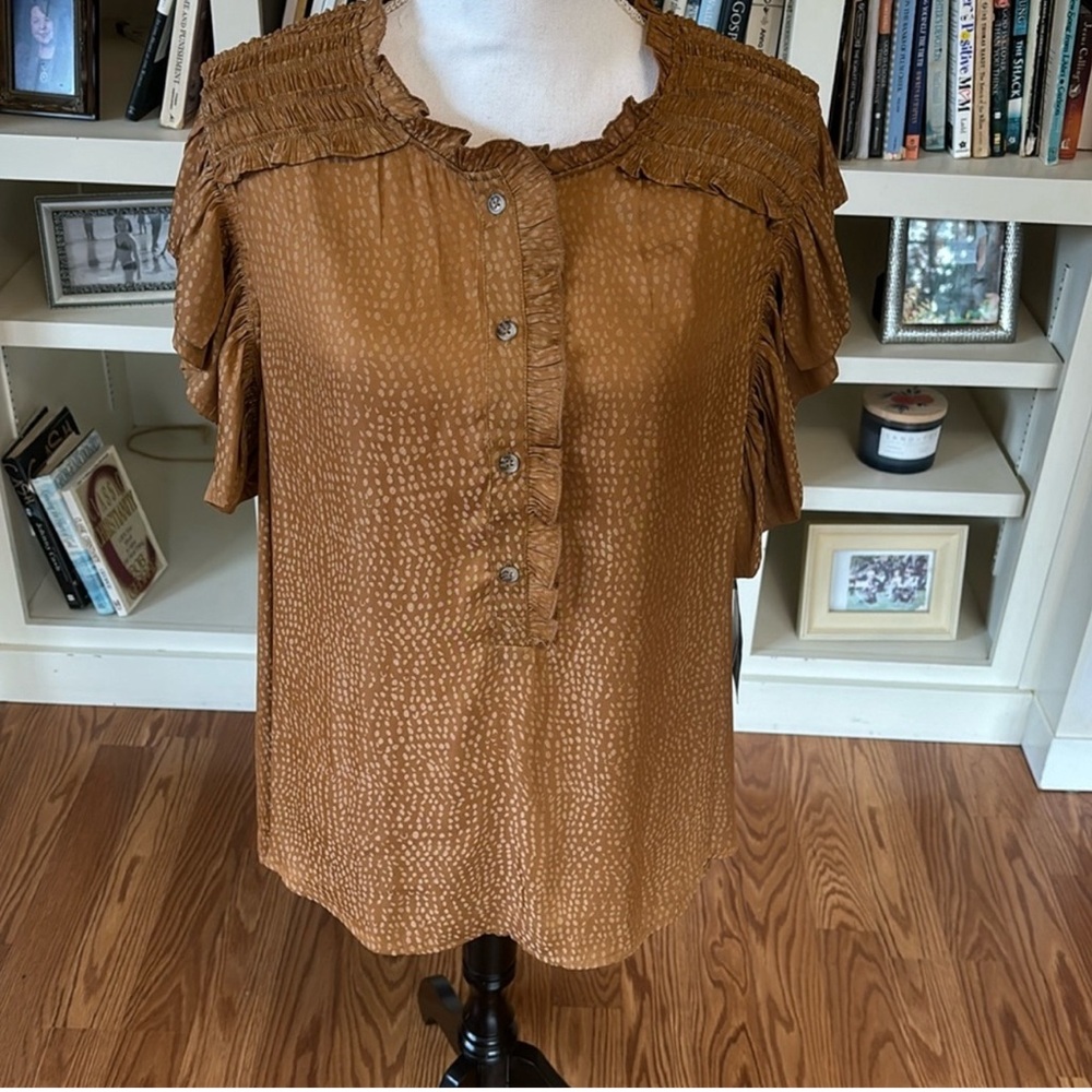 NWT Democracy Double Ruffle Cap Sleeve Half Placket Top